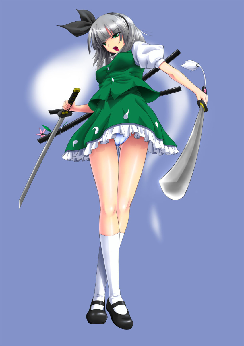 dress, dual_wielding, flower, footwear, from_below, ghost, green_eyes, hairband