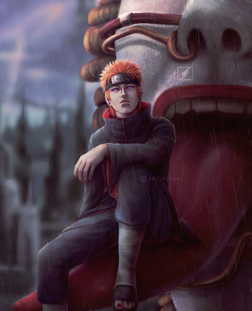 1boy, akatsuki_uniform, amegakure_symbol, artcami, artist_name, closed_mouth, commentary, ear_piercing