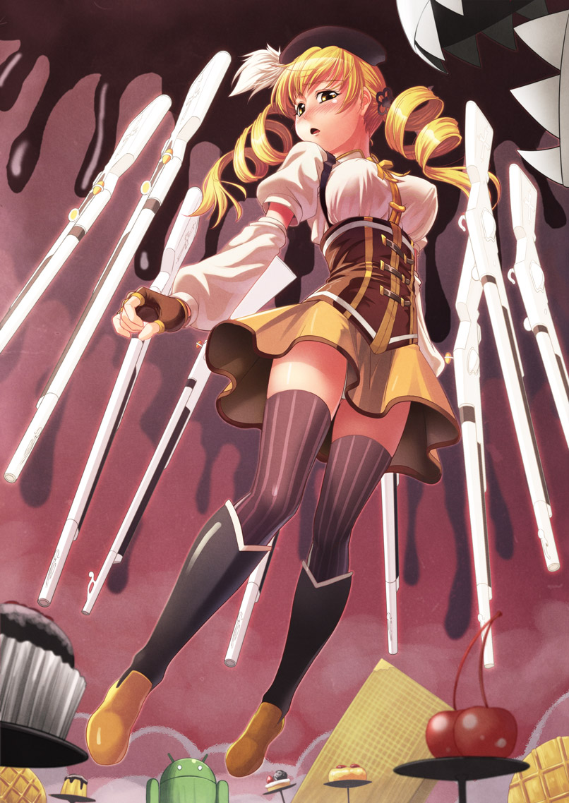 android_(os), beret, blonde_hair, blush, boots, charlotte_(madoka_magica), detached_sleeves, drill_hair