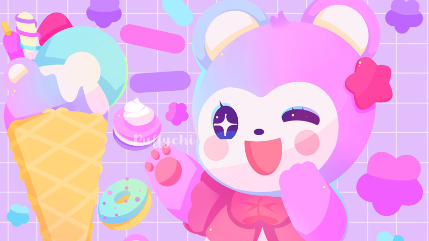 +_+, 1girl, animal-themed_food, animal_crossing, artist_name, bear_girl, black_eyes, blush_stickers, bow, bowtie, character_request, commentary, doughnut, eyelashes, food, furry, furry_female, grid_background, hair_ornament, hand_on_own_cheek, hand_on_own_face, highres, ice_cream, ice_cream_cone, icing, jacket, macaron, notice_lines, one_eye_closed, open_mouth, pawpads, puffychii, purple_background, red_bow, red_bowtie, red_jacket, short_sleeves, smile, solid_oval_eyes, solo, sparkling_eyes, star_(symbol), star_hair_ornament, symbol-only_commentary, upper_body, watermark