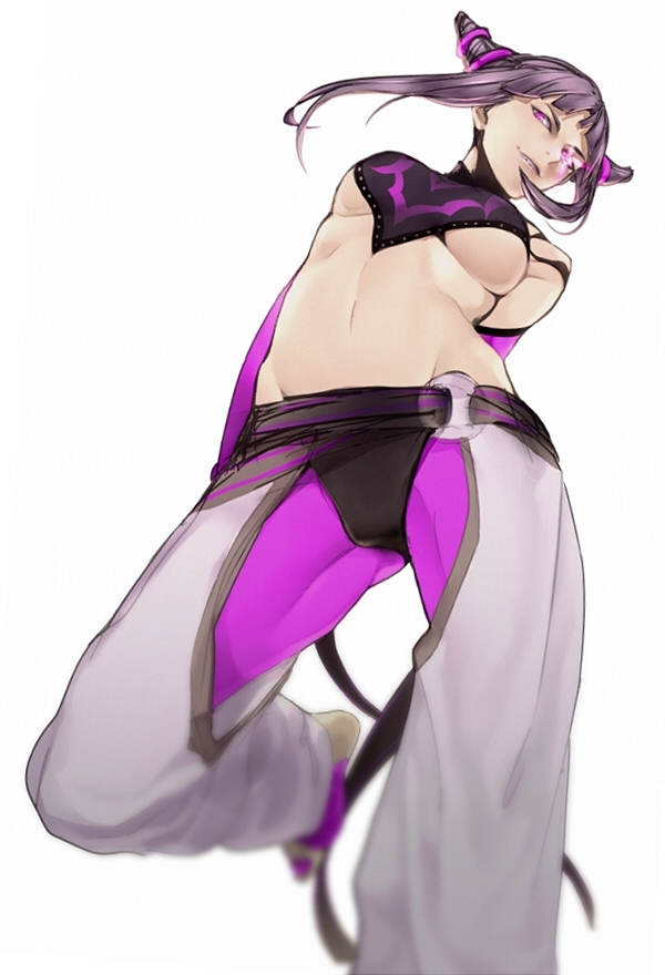 bare_shoulders, barefoot, belt, black_hair, breasts, capcom, detached_sleeves, glowing, glowing_eyes, han_juri, meri-h-shino, nail_polish, navel, pants, purple_nails, simple_background, solo, street_fighter, street_fighter_iv, toeless_socks, tubetop, under_boob, underboob