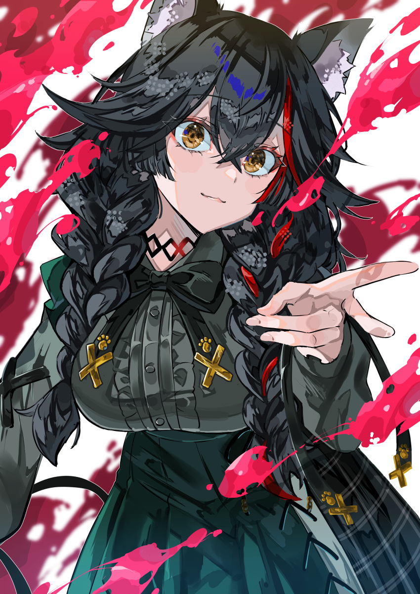 absurdres, animal_ears, black_hair, braid, closed_mouth, cross-laced_clothes, cross-laced_sleeves, cruzango0510