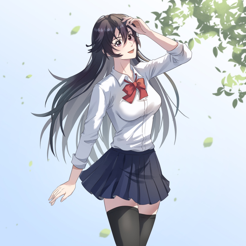 1girl, :d, alternate_costume, arm_at_side, bambietta_basterbine, black_hair, black_skirt, black_thighhighs