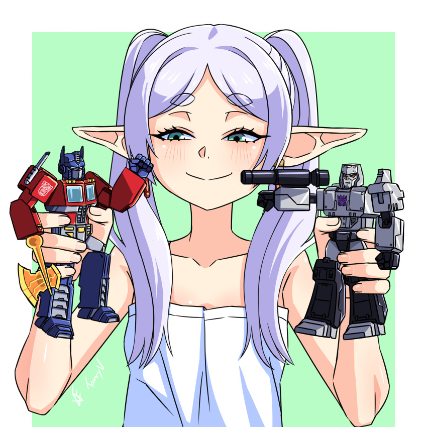 1girl, action_figure, closed_mouth, earrings, elf, frieren, green_eyes, grey_hair, highres, holding, holding_toy, jewelry, light_blush, long_hair, megatron, optimus_prime, pointy_ears, shirt, smile, solo, sousou_no_frieren, tanny_v, toy, transformers, twintails, white_shirt