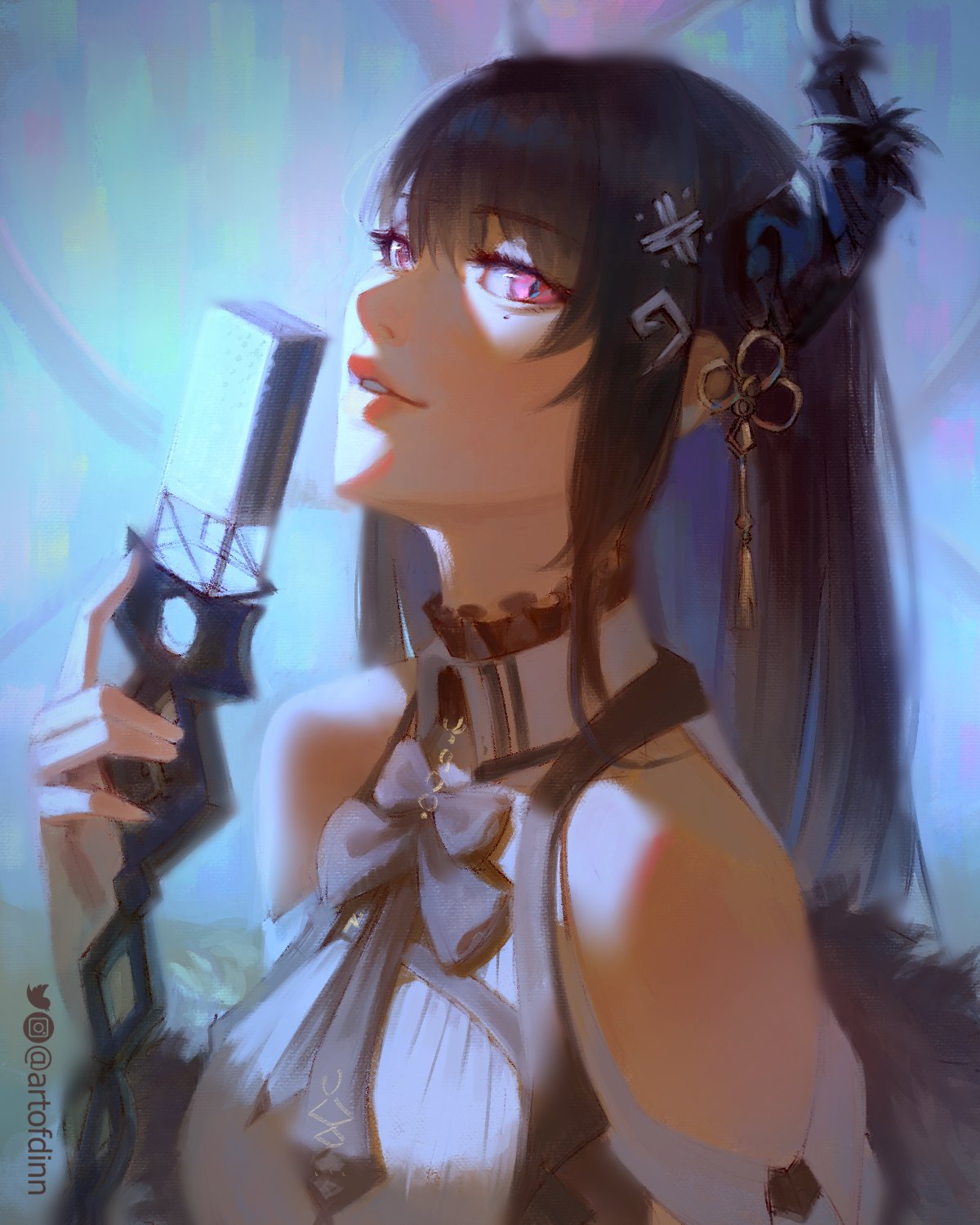 1girl, black_hair, black_horns, black_ribbon, blue_hair, clothing_cutout, colored_inner_hair, demon_horns