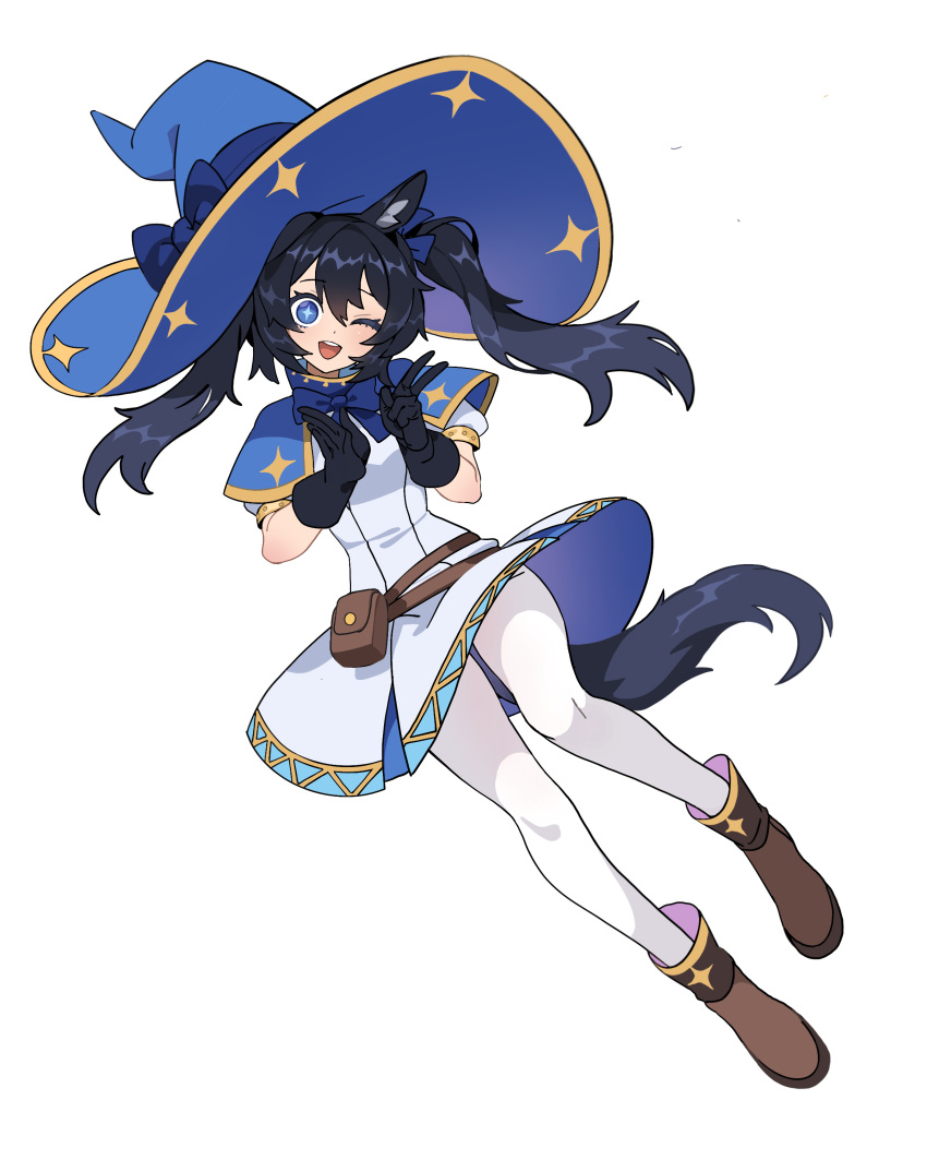 1girl, ;d, absurdres, animal_ears, belt, black_ears, black_gloves, black_hair