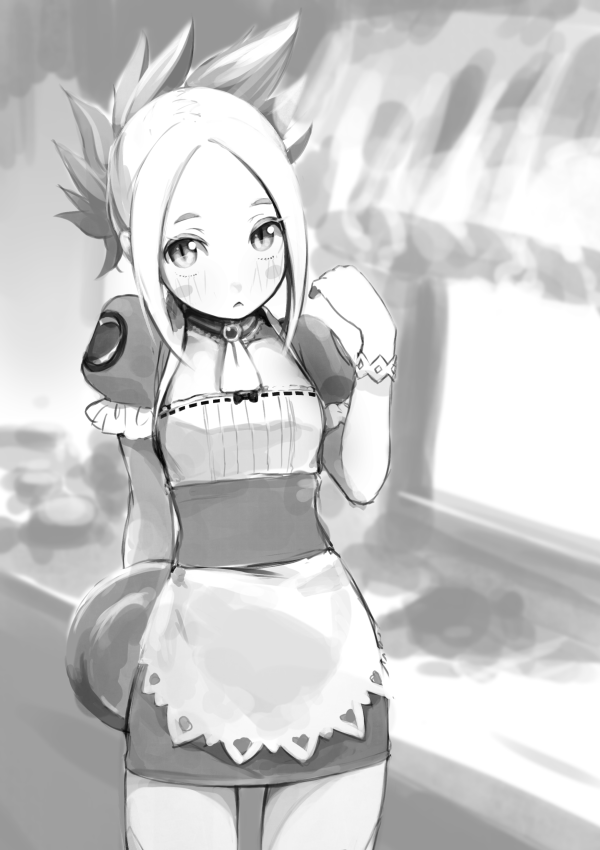 1girl, alternate_costume, apron, bad_link, blush, closed_mouth, dress, fea_(summon_night)