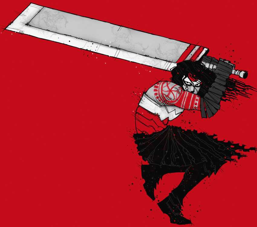 1girl, absolute_wonder_woman, arm_tattoo, arm_wrap, azoinab, black_footwear, black_hair, boots, dc_comics, highres, holding, holding_sword, holding_weapon, huge_weapon, long_hair, looking_at_viewer, official_alternate_costume, red_background, simple_background, solo, sword, tattoo, weapon, wonder_woman, wonder_woman_(series)