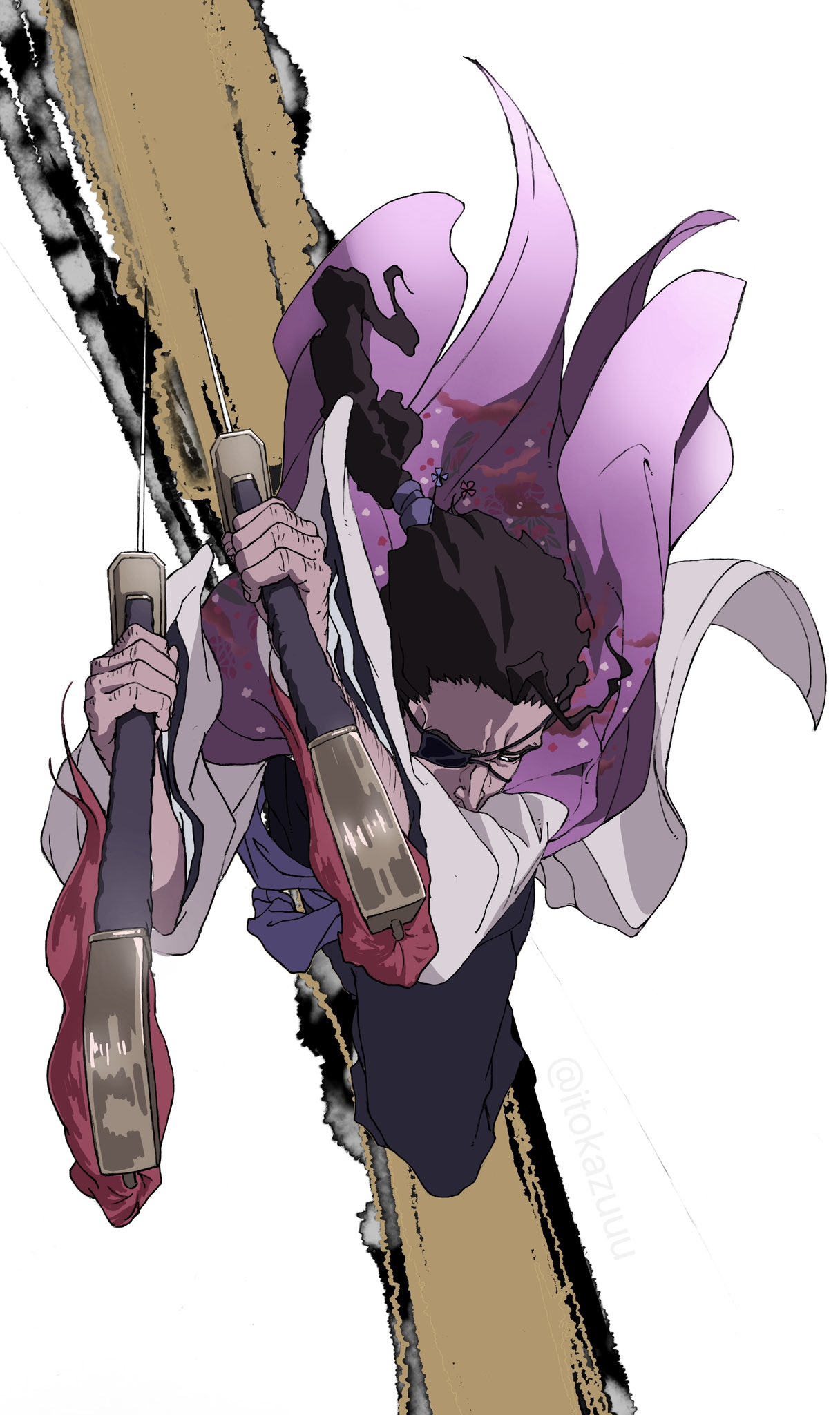 1boy, arm_hair, bleach, bleach:_sennen_kessen-hen, blue_sash, brown_hair, commentary_request, eyepatch