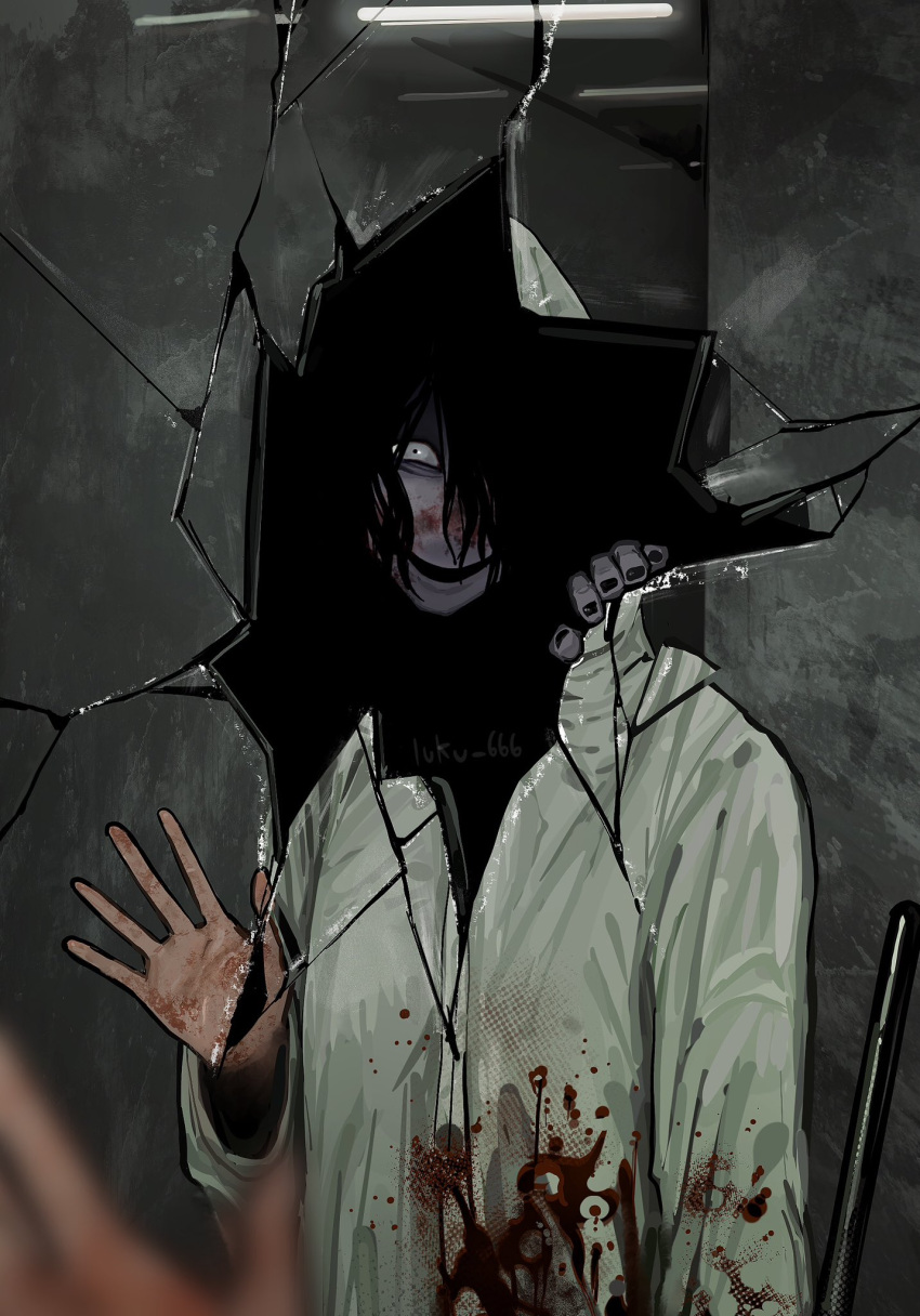 1boy, 1girl, black_eyes, black_hair, black_nails, blood, blood_on_clothes, crack
