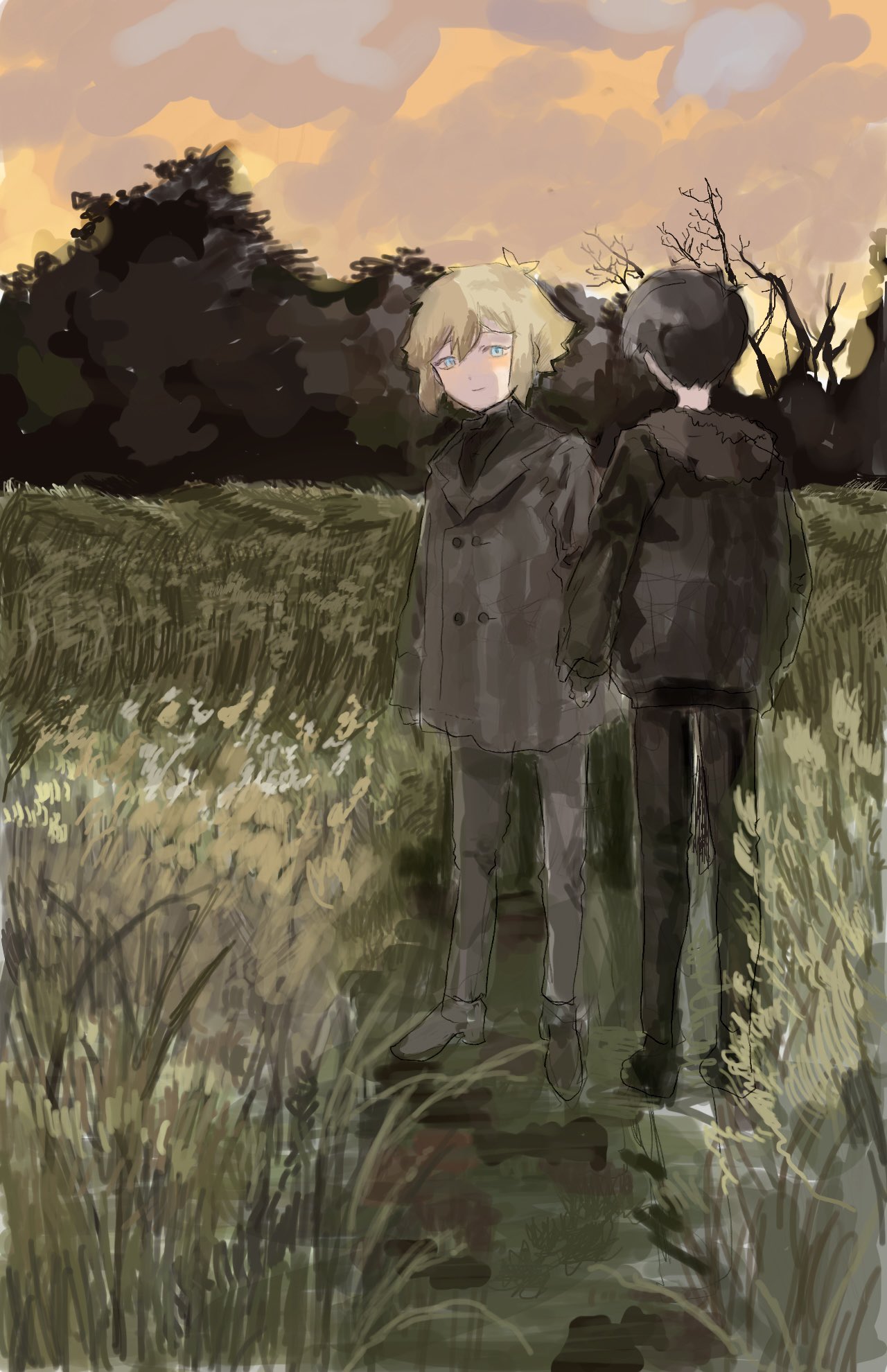 2boys, alternate_costume, antenna_hair, basil_(faraway)_(omori), basil_(omori), black_pants, blue_eyes, closed_mouth