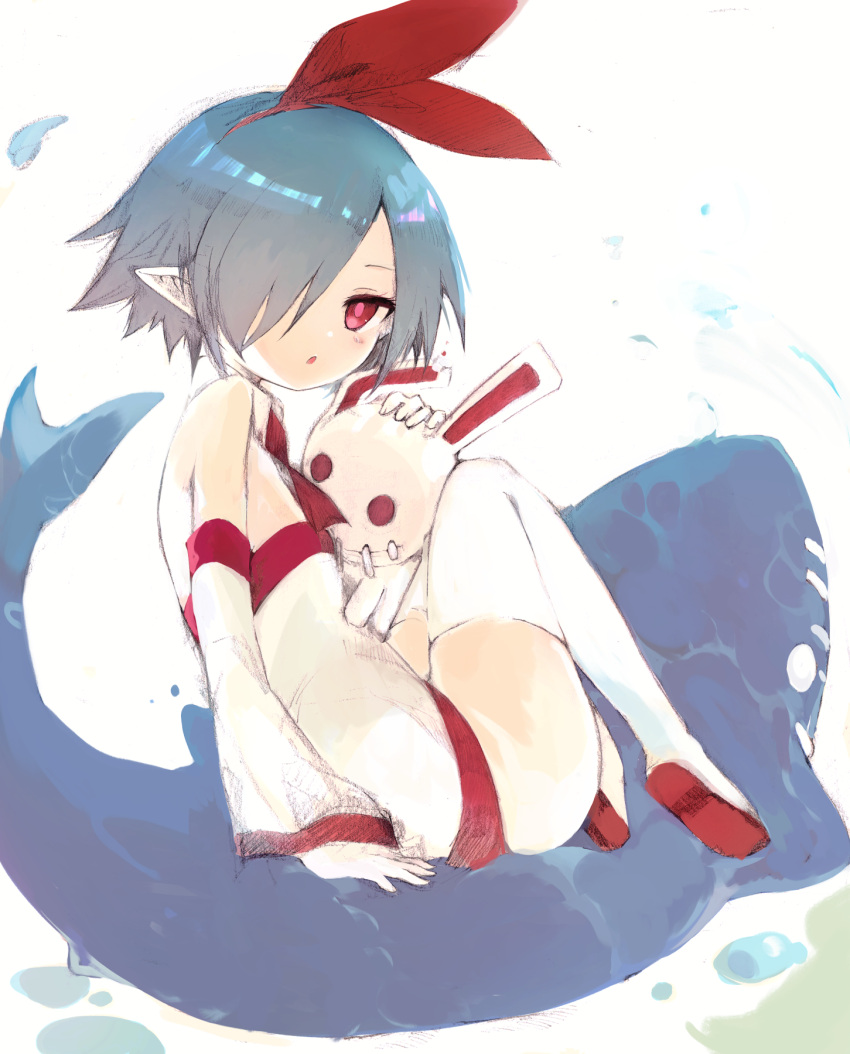 1girl, bare_shoulders, blue_hair, detached_sleeves, disgaea, dress, flat_chest, hair_over_one_eye, highres, kakuwashi, looking_at_viewer, original, parted_lips, pleinair, pointy_ears, red_eyes, same-san, short_dress, short_hair, sitting, solo, stuffed_animal, stuffed_rabbit, stuffed_shark, stuffed_toy, thigh-highs, usagi-san, white_dress, white_thighhighs