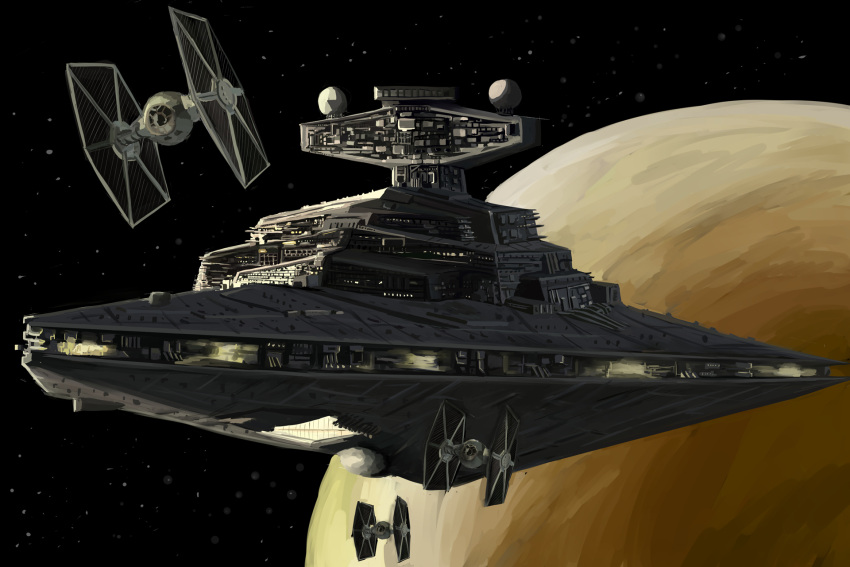 galactic_empire_(star_wars), highres, no_humans, planet, space, spacecraft, star_destroyer, star_wars
