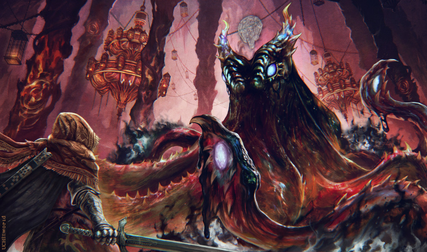 1boy, absurdres, armored_gloves, artist_name, chandelier, elden_ring, english_commentary, giant