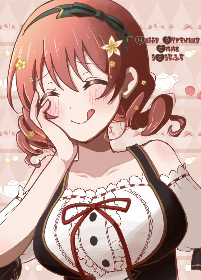 1girl, :q, ^_^, absurdres, apple, bare_shoulders, black_bow, black_hairband