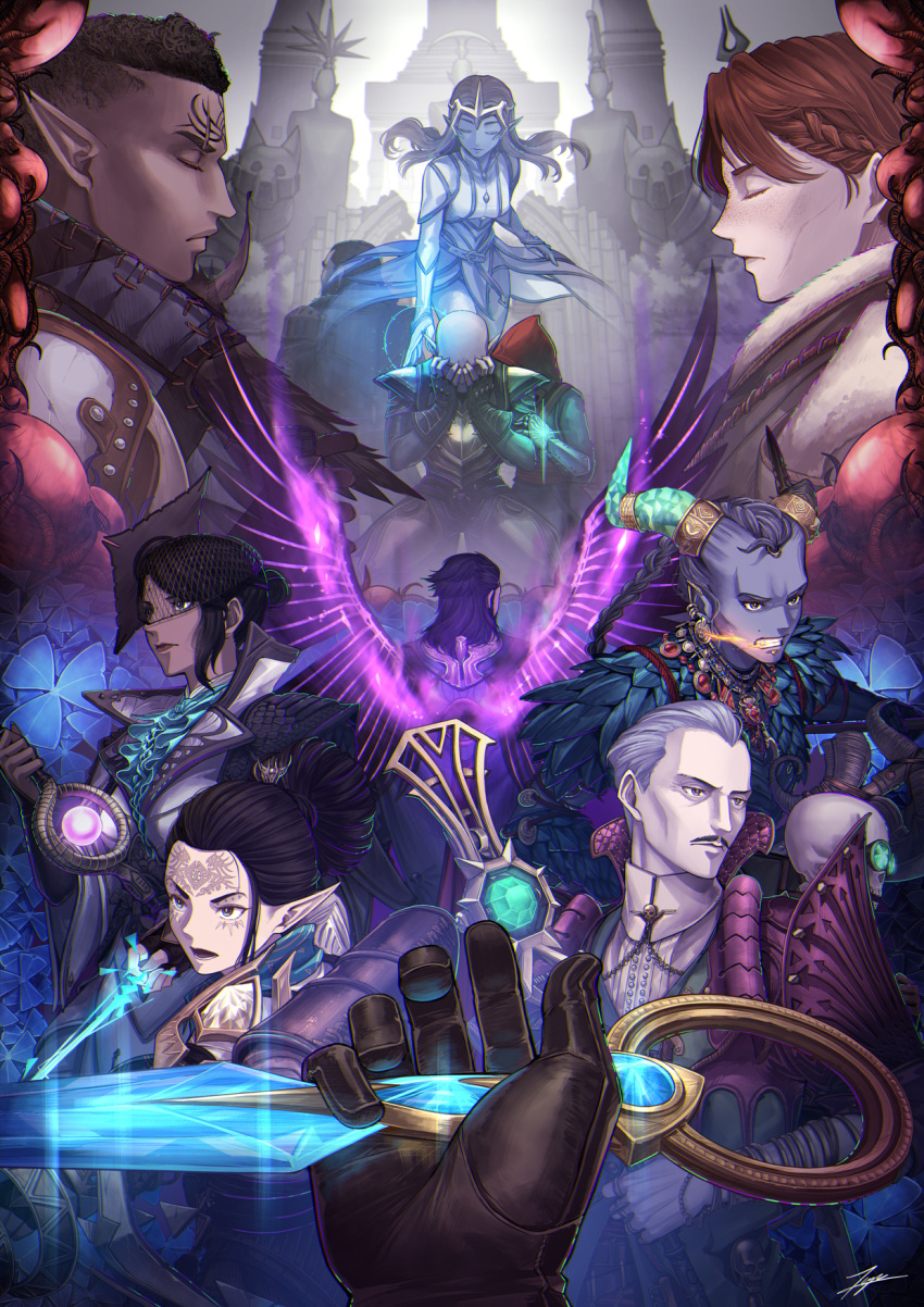 armor, bald, bellara_lutare, black_gloves, black_hair, blue_flower, bracelet, braid