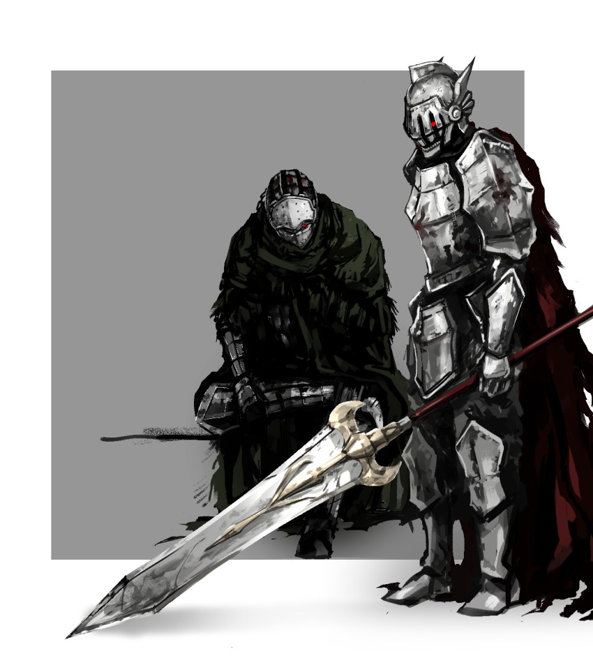 2boys, armor, cape, cloak, commentary_request, ender_lilies_quietus_of_the_knights, fukku300, full_armor