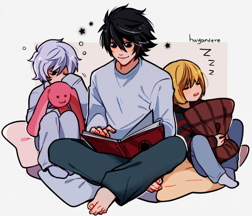 3boys, absurdres, aged_down, black_hair, blonde_hair, bob_cut, book, child