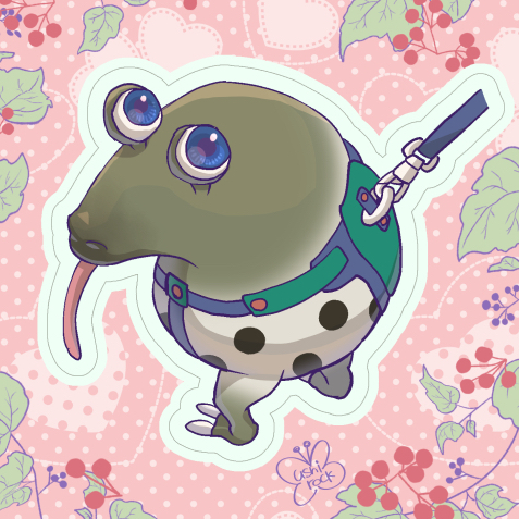 artist_name, berry, blue_eyes, commentary_request, creature_focus, dokumushi-rock, dotted_line, heart