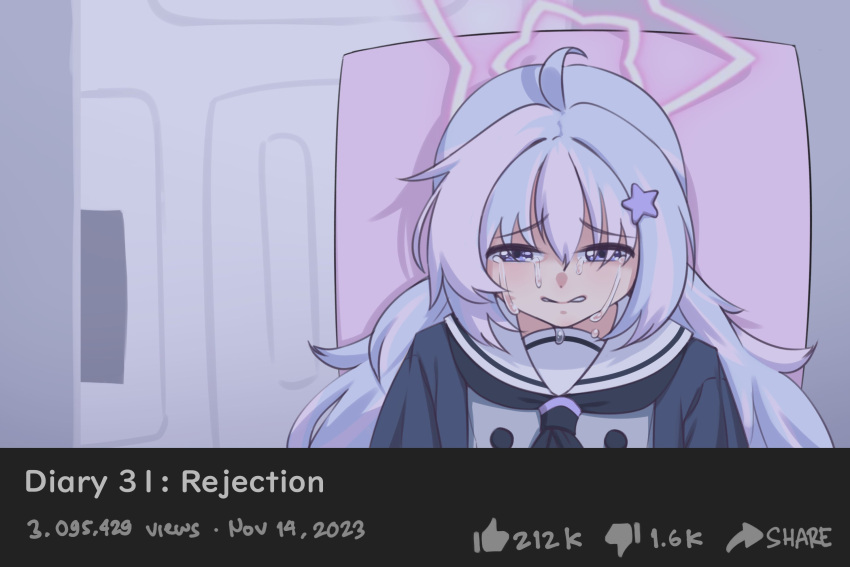 1girl, ahoge, blue_archive, blue_hair, coolpsyco, crying, crying_with_eyes_open, diary_30:_superman_is_coming_to_school_(meme)