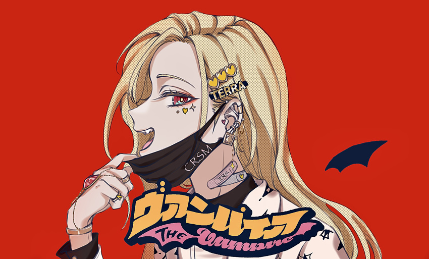 1boy, bandaid, bandaid_on_neck, bat_wings, bimigohan16, black_mask, black_shirt, blonde_hair