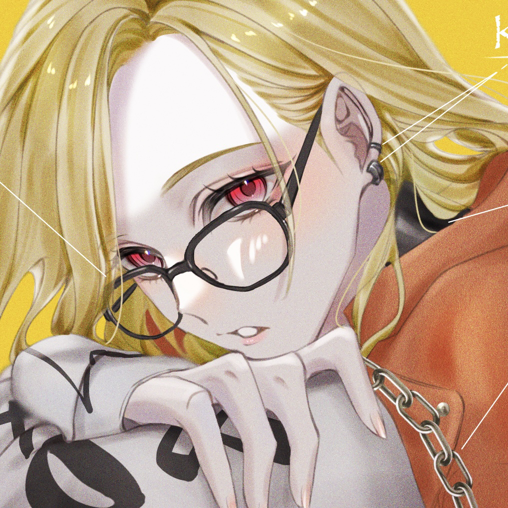 1boy, bimigohan16, black-framed_eyewear, blonde_hair, chain, charisma_house, earrings, film_grain