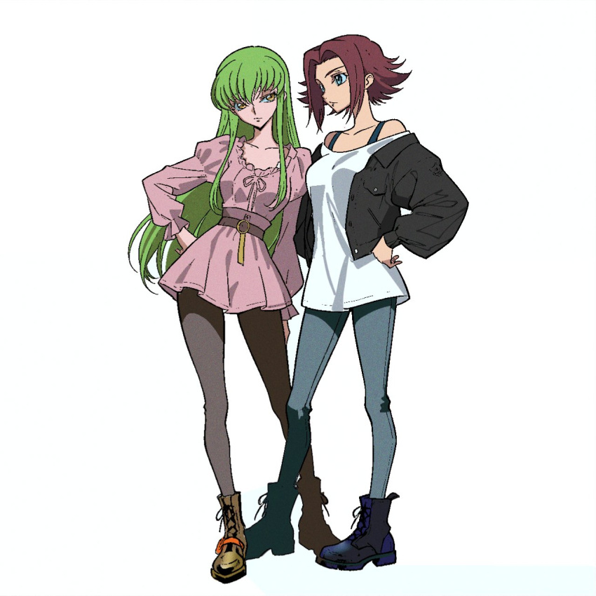 2girls, black_footwear, black_jacket, black_pantyhose, blue_eyes, blue_pants, boots, breasts