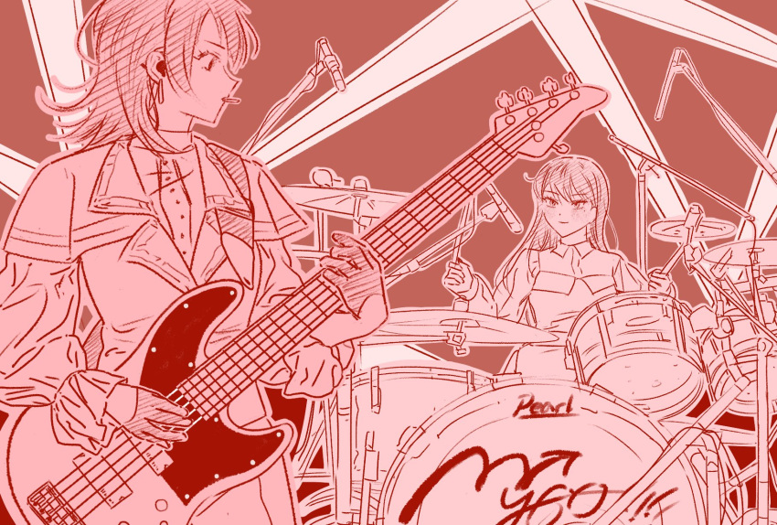 2girls, bang_dream!, bang_dream!_it's_mygo!!!!!, capelet, closed_mouth, cymbals, drum, drum_set