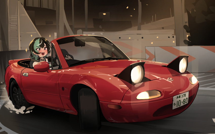 1girl, black_hair, blush, brown_eyes, car, convertible, driving, green_hair