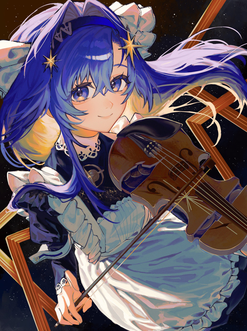 1girl, absurdres, apron, black_background, black_dress, black_hairband, blonde_hair, blue_eyes