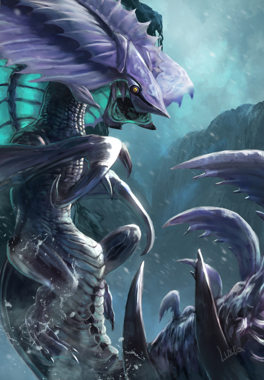 allmother_narwha, bearluxe, bifurcated_jaw, claws, dragon, fins, glowing, glowing_mouth