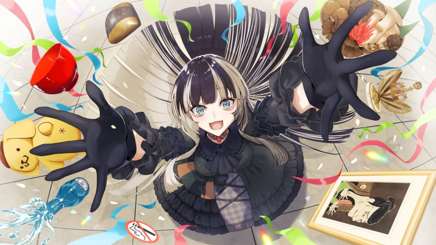 1girl, ascot, black_ascot, black_bow, black_eyeliner, black_gloves, black_hair, blue_eyes