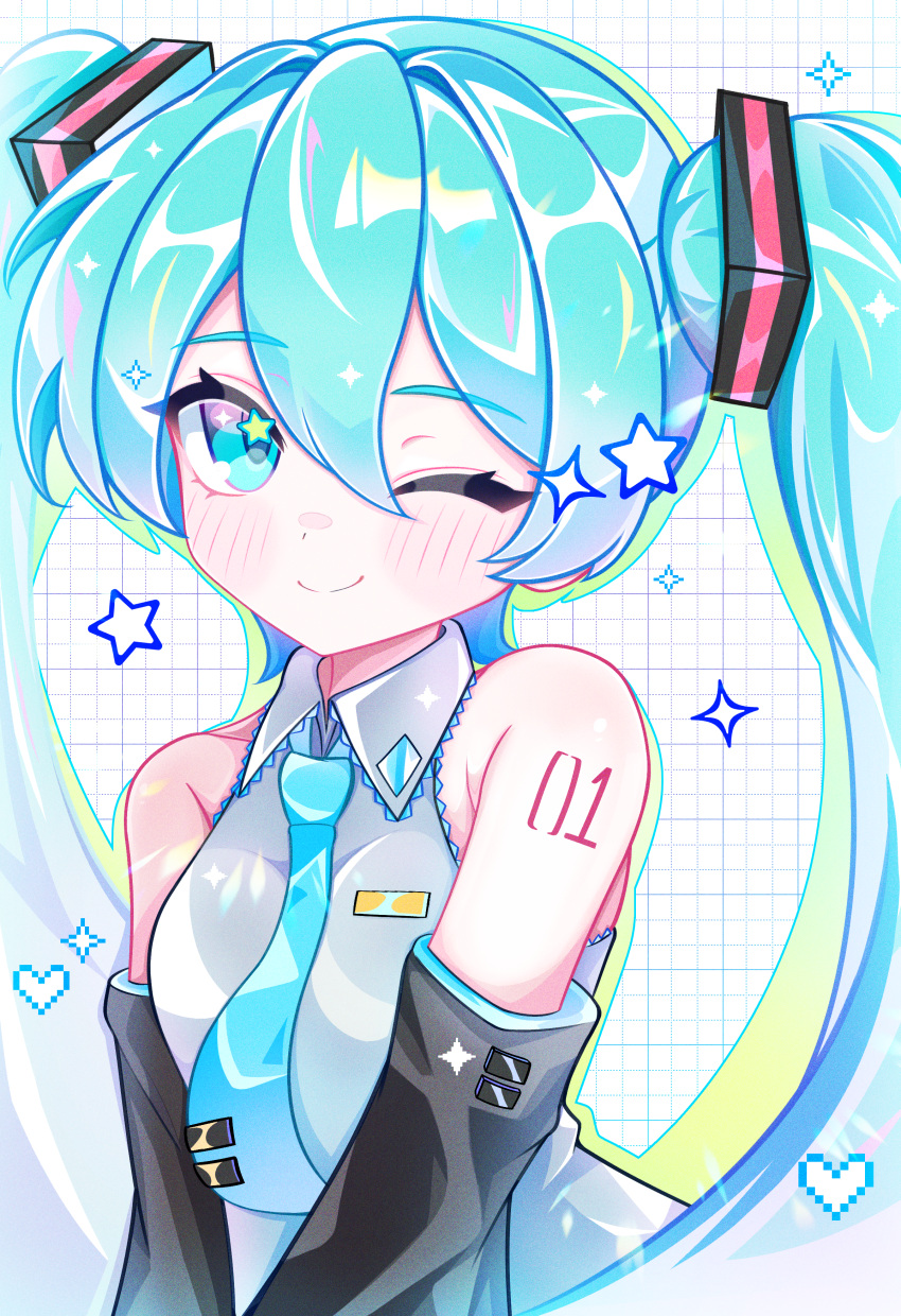 1girl, absurdres, aqua_eyes, aqua_hair, arm_tattoo, armpit_crease, bare_shoulders, black_sleeves, blue_necktie, blue_trim, closed_mouth, collared_shirt, commentary, detached_sleeves, double-parted_bangs, drop_shadow, frilled_shirt, frilled_shirt_collar, frills, grey_shirt, grid_background, hair_between_eyes, hair_ornament, hatsune_miku, heart, highres, koi_wa_itsumo, long_hair, long_sleeves, looking_at_viewer, necktie, number_tattoo, one_eye_closed, shirt, simple_background, sleeveless, sleeveless_shirt, smile, solo, sparkle, star_(symbol), star_in_eye, symbol_in_eye, tattoo, tie_clip, twintails, upper_body, vocaloid, white_background