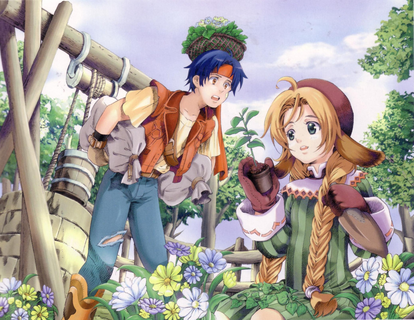 1girl, animal_ears, basket, belt, blue_hair, boots, braid, brown_hair