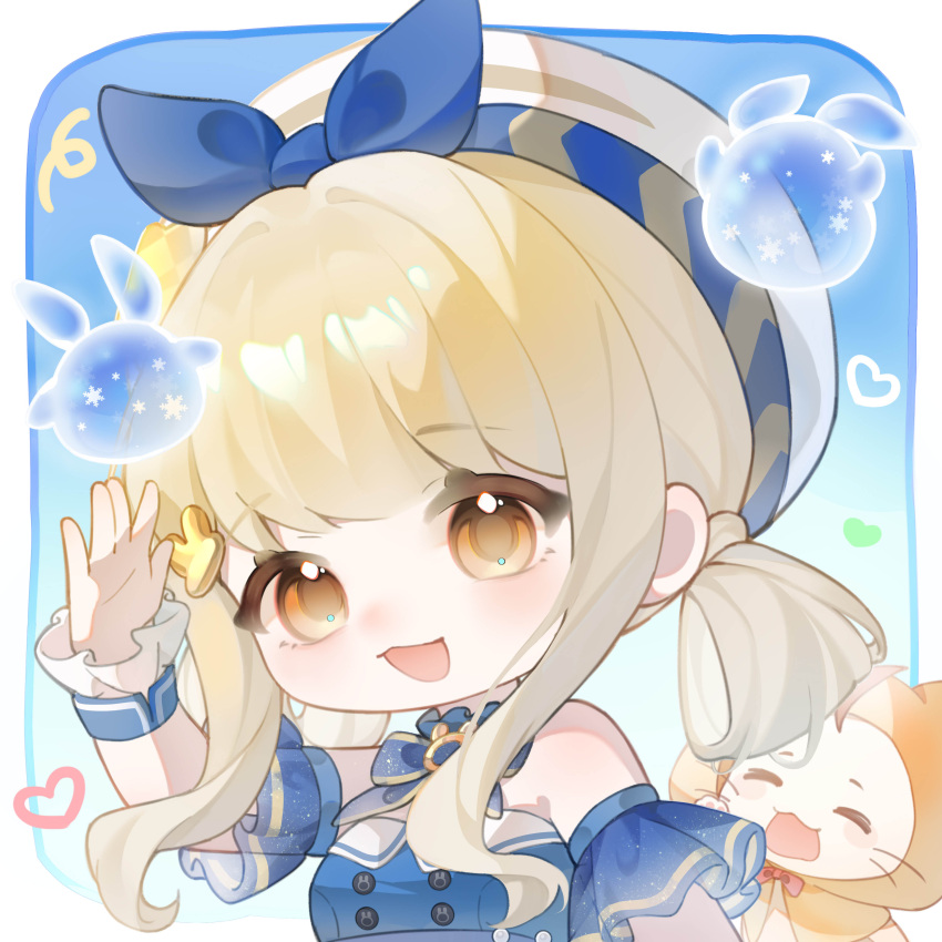 1girl, absurdres, ahoge, animal, bare_shoulders, beret, blonde_hair, blue_background