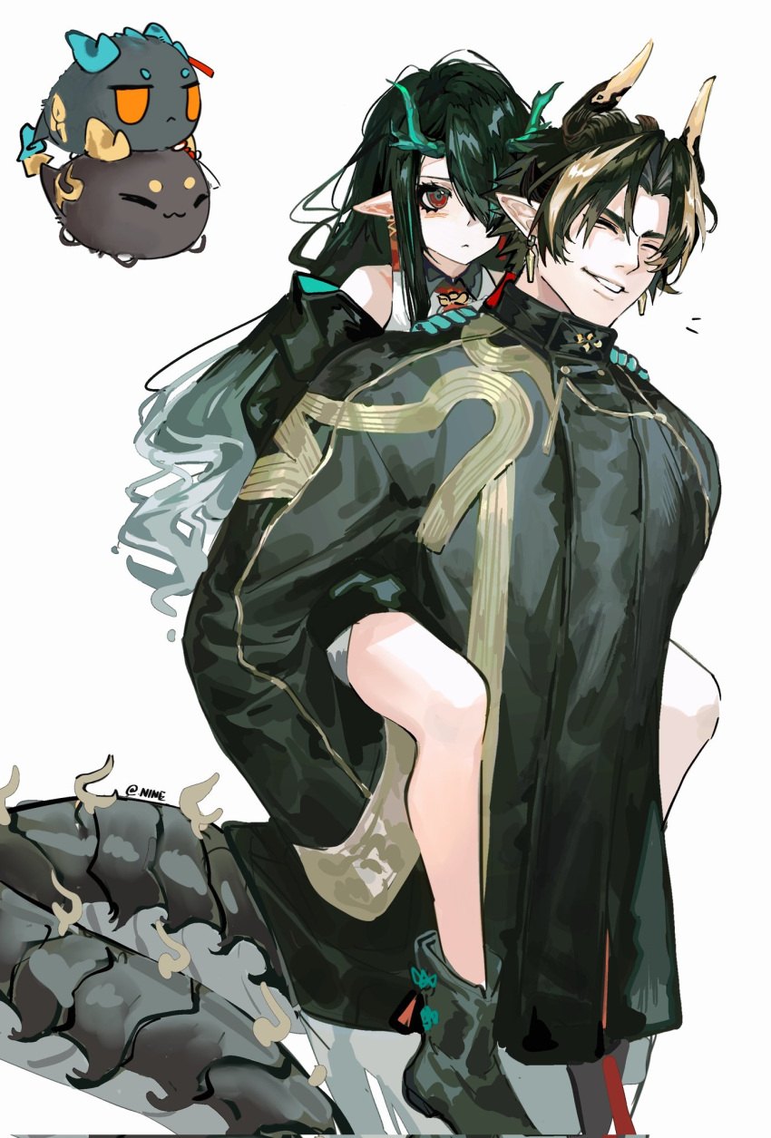1boy, 1girl, arknights, bare_shoulders, black_footwear, black_hair, black_jacket, blue_hair