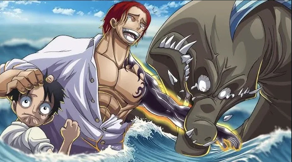 biting, monkey_d._luffy, monkey_d_luffy, multiple_boys, one_piece, sea_king_(one_piece), shanks_(one_piece), short_hair