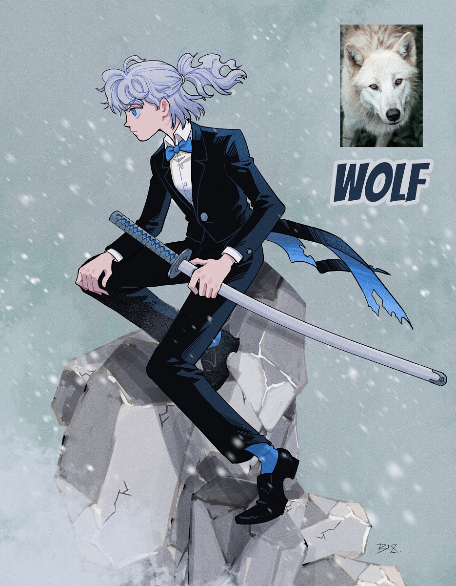 1other, artist_name, bei_18, black_footwear, black_jacket, black_pants, black_suit, blue_bow, blue_bowtie, blue_eyes, blue_socks, bow, bowtie, collared_shirt, dress_pants, dress_shirt, dress_shoes, english_text, formal_clothes, from_side, full_body, grey_background, grey_hair, highres, holding, holding_sword, holding_weapon, jacket, katana, long_sleeves, medium_hair, on_rock, original, pants, personification, photo_inset, ponytail, profile, sheath, sheathed, shirt, signature, sitting, snow, socks, solo, suit, suit_jacket, sword, traditional_bowtie, tuxedo, weapon, wolf