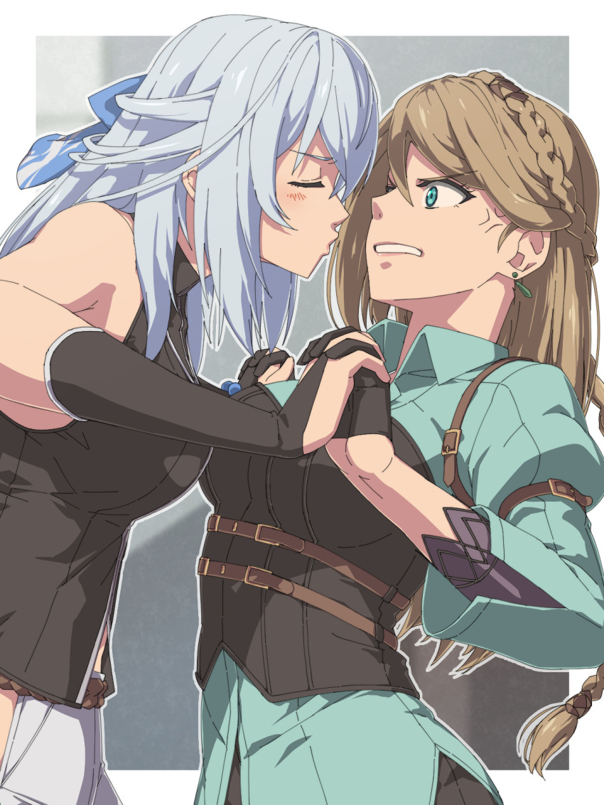 2girls, black_gloves, blonde_hair, blush, border, braid, breasts, bridal_gauntlets