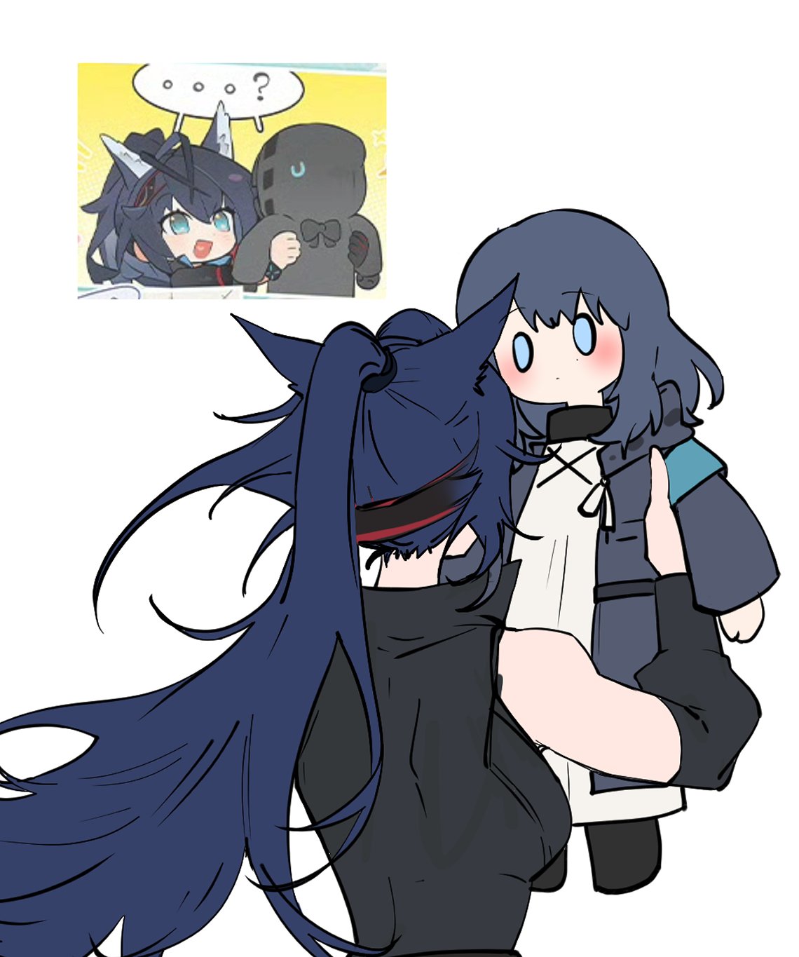 ...?, 2girls, animal_ear_fluff, animal_ears, arknights, arya_melati, bare_shoulders, black_jacket