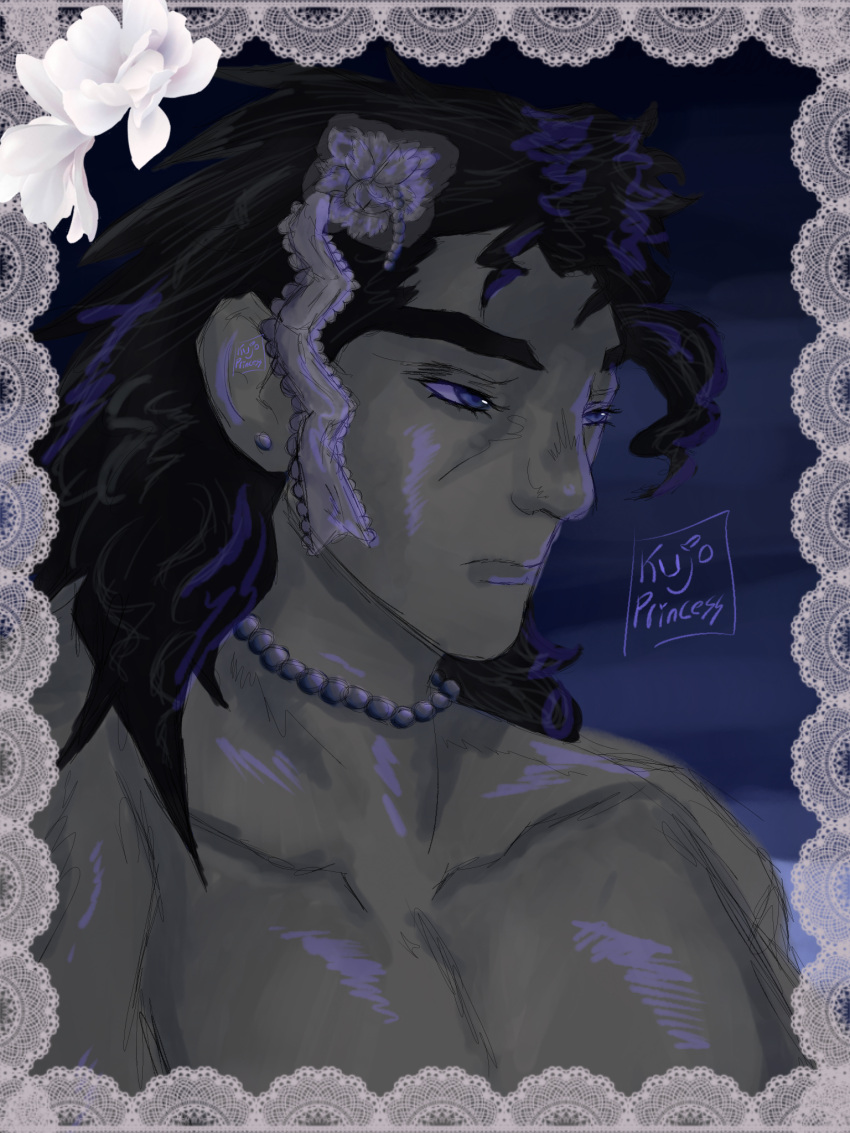 dark_background, flower_in_hair, kuujou_joutarou, pearl_necklace, shirtless, stardust_crusaders