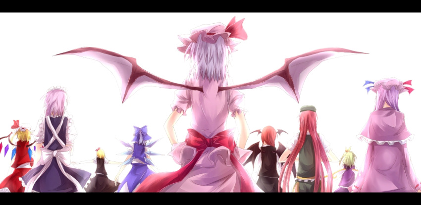 back, bat_wings, blonde_hair, cirno, daiyousei, flandre_scarlet, green_hair, hat