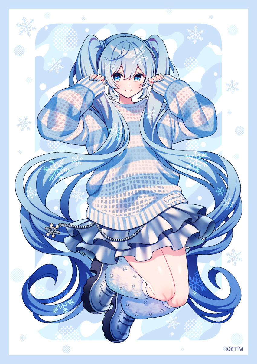 1girl, amagi_hana, blue_background, blue_eyes, blue_hair, blue_skirt, blue_sweater, border
