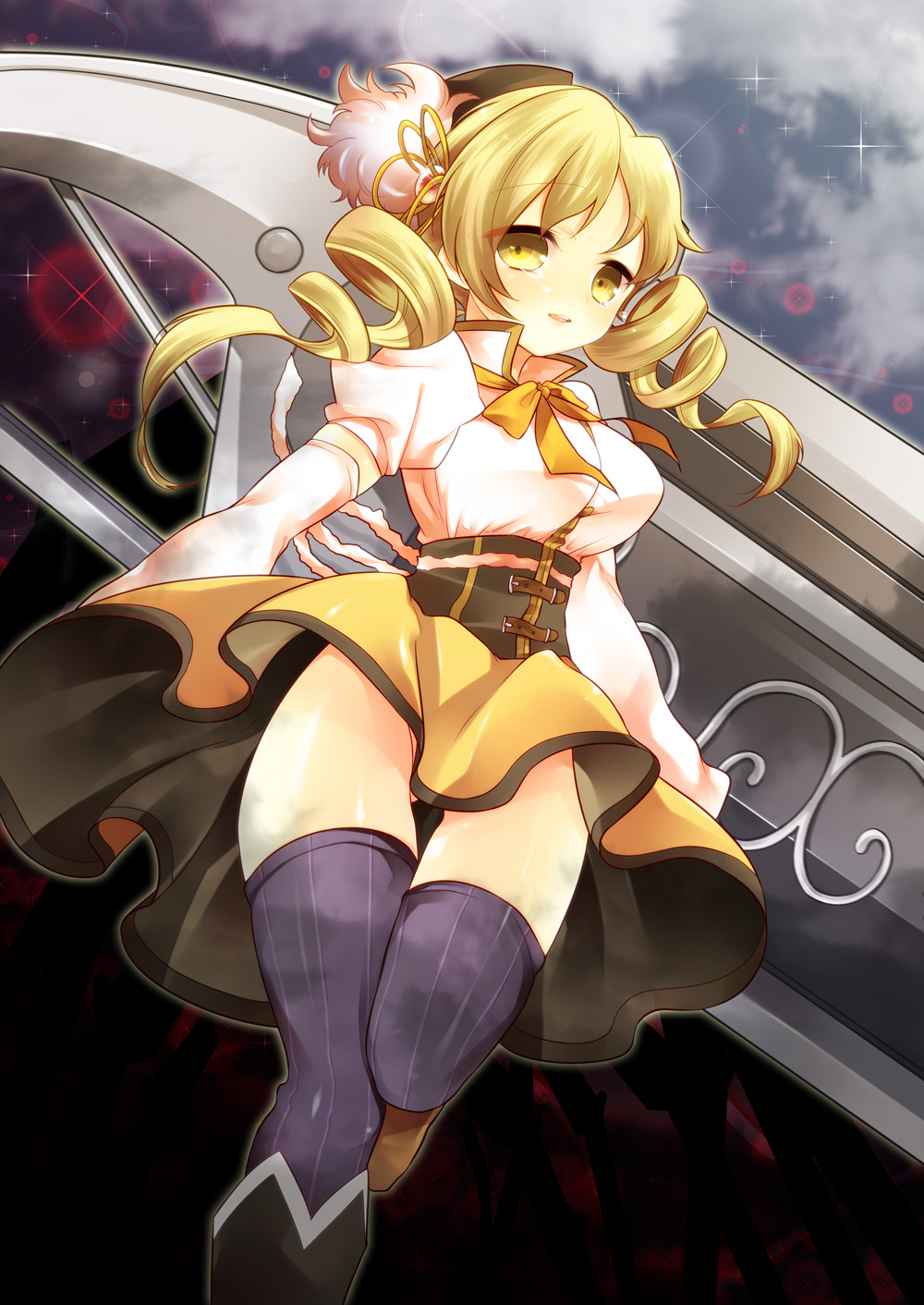 bad_id, beret, blonde_hair, boots, brown_legwear, detached_sleeves, drill_hair, fingerless_gloves