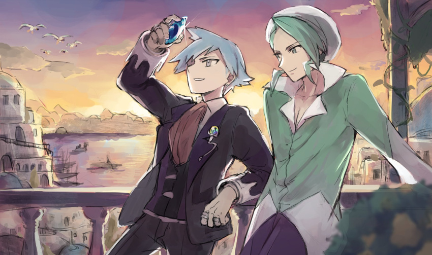 2boys, black_jacket, black_pants, blue_gemstone, blue_hair, chikiso, gem, green_hair