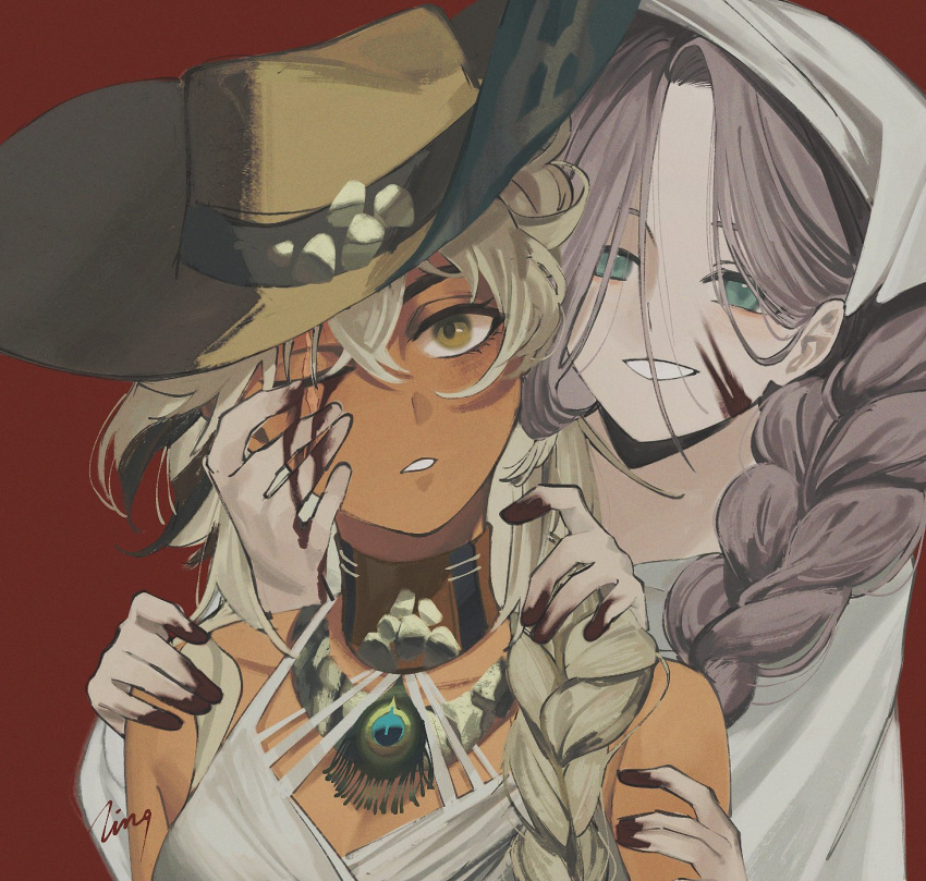 2girls, argus_(reverse:1999), artist_name, bare_shoulders, behind_another, blood, blood_from_eyes, blood_on_face