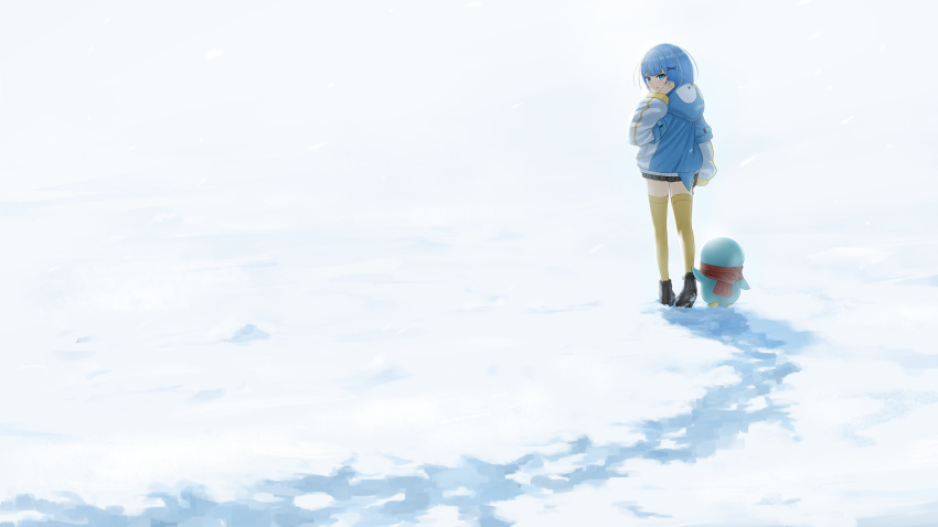 1girl, absurdres, adjusting_hair, animal_hood, aqua_eyes, bird, black_footwear, black_skirt