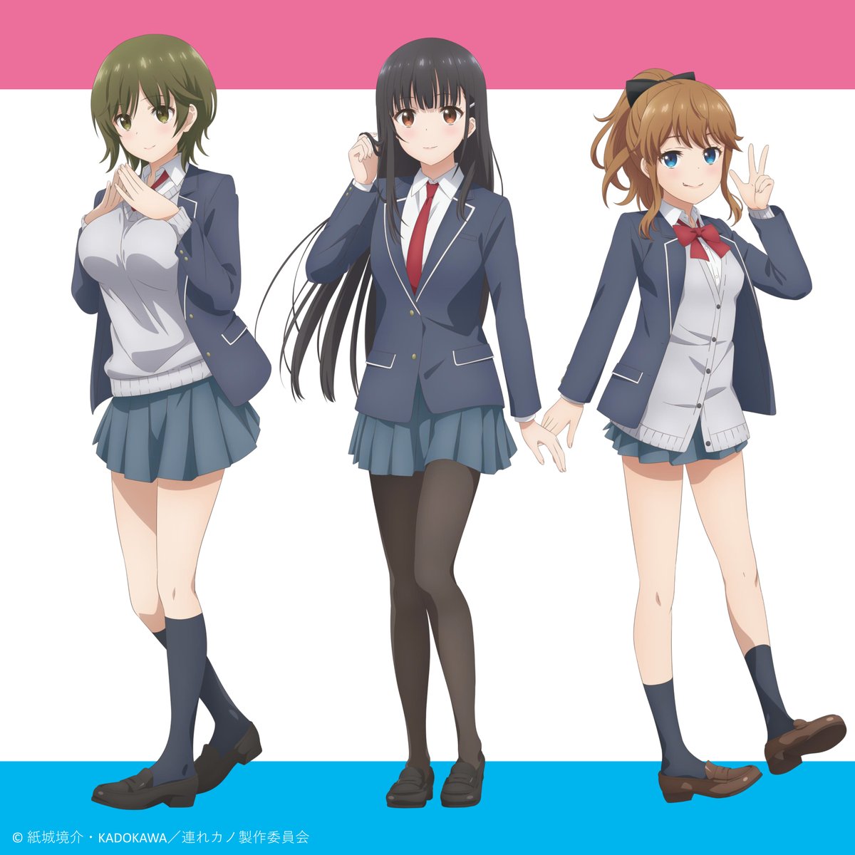 3girls, black_bow, black_footwear, black_hair, black_jacket, black_pantyhose, black_socks, blazer