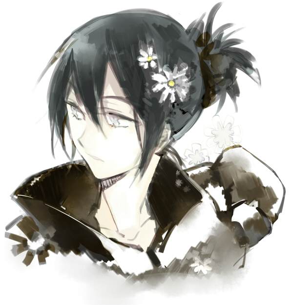 1boy, black_hair, black_jacket, collarbone, collared_jacket, commentary_request, cropped_torso, daisy