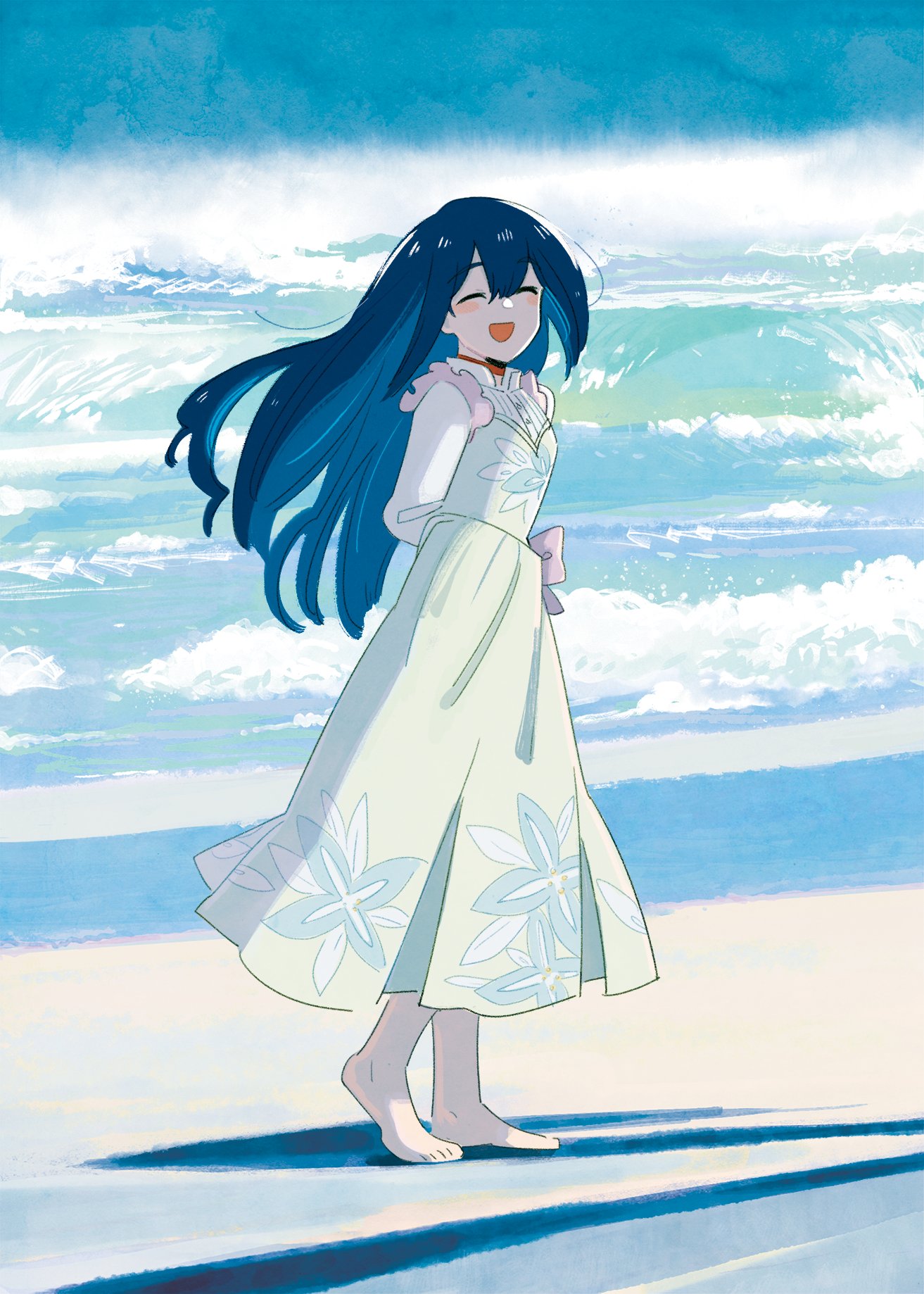 1girl, ange_(angeban93), barefoot, beach, blue_hair, closed_eyes, commentary, day, dress, english_commentary, facing_viewer, flip_flappers, full_body, green_dress, highres, long_hair, long_sleeves, mimi_(flip_flappers), ocean, open_mouth, outdoors, shadow, smile, solo